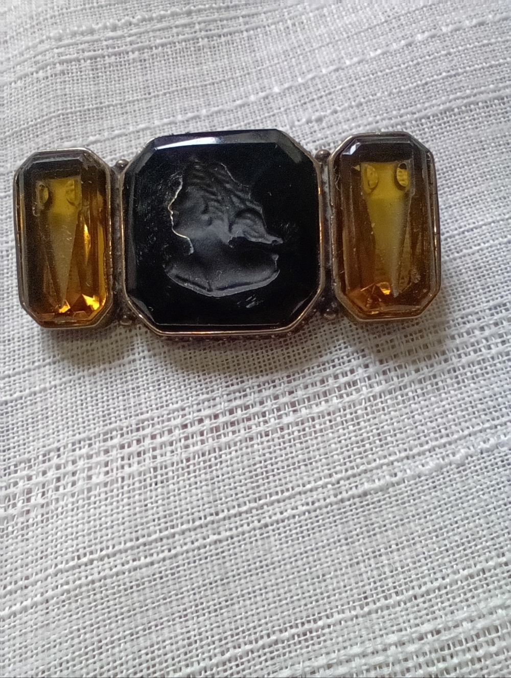 Extasia Signed Intaglio Cameo Black  Amber Glass Vintage Estate Jewelry Brooch